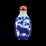 A blue overlay white glass 'deer and crane' snuff bottle Qing dynasty, 18th - 19th century | 清十八至十九世紀 涅白地套藍料鹿鶴同春圖鼻煙壺