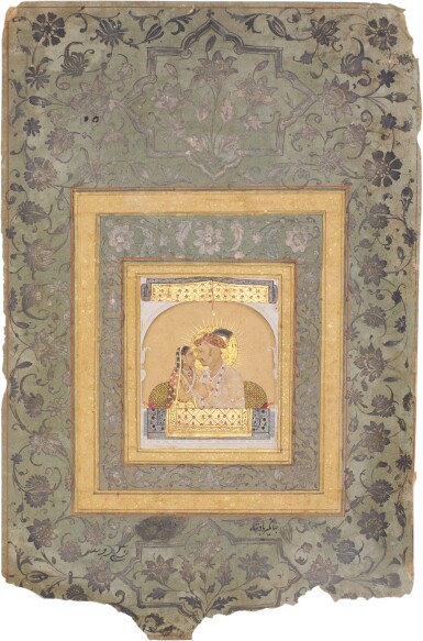 View full screen - View 1 of Lot 157. An album page: recto with a jharokha portrait of the Mughal Emperor Jahangir and a courtesan, possibly by a Mughal artist working in Rajasthan, India, first quarter 18th century; verso with a young lady in a landscape, Mughal or provincial Mughal, second half 18th century.