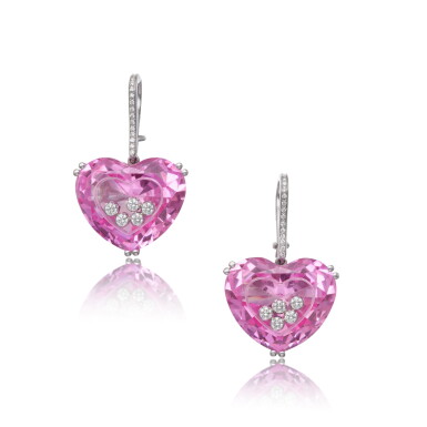 View full screen - View 1 of Lot 469. Pair of Synthetic Sapphire and Diamond 'So Happy' Earrings.