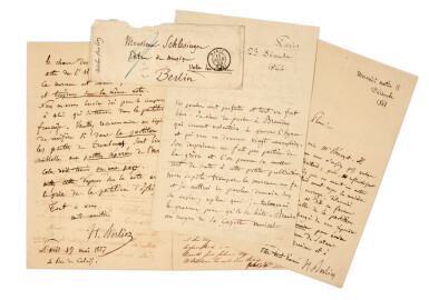 View full screen - View 1 of Lot 46. H. Berlioz. Three autograph letters signed, to E. Plouvier, H. Schlesinger, and H. Ferrand, 1857-1864.