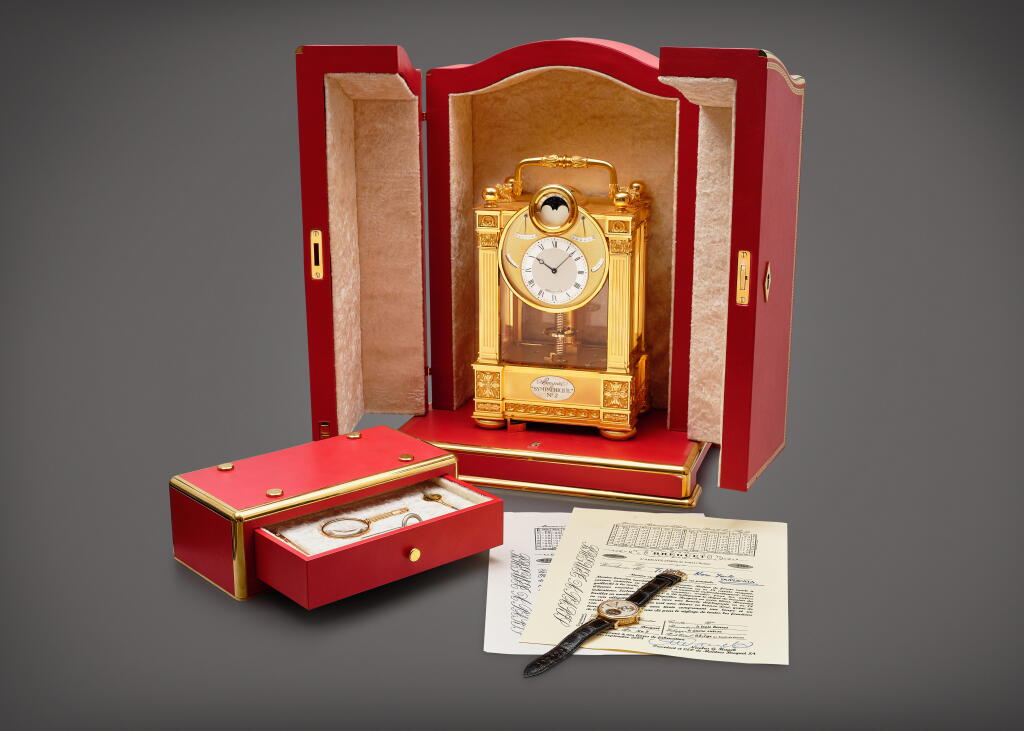 View full screen - View 1 of Lot 2276. Breguet Sympathique, No 2 Sold to Tiffany & Co. | A gilt bronze astronomical annual calendar clock with phases and age of the moon, equation of time, centigrade thermometer with 8 days power reserve indication and 5-seconds remontoire winding spring detent chronometer escapement and matching yellow gold tourbillon wristwatch with power reserve indication and mechanism for instantaneous re-setting and correction with the masterpiece clock, Circa 1996 | 寶璣 | BREGUET SYMPATHIQUE 編號 2 售予 TIFFANY & CO. | 鍍金銅製天文年曆座鐘,備月相、時間等式、溫度計、8天動力儲備顯示、5秒恆定動力衝擊式擒縱結構及黃金陀飛輪腕錶,備動力儲備顯示及與座鐘瞬間同步時間裝置,約1996年製.