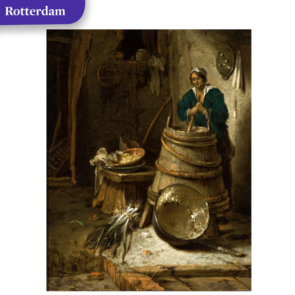 View full screen - View 1 of Lot 35. Barn interior with a woman churning butter.