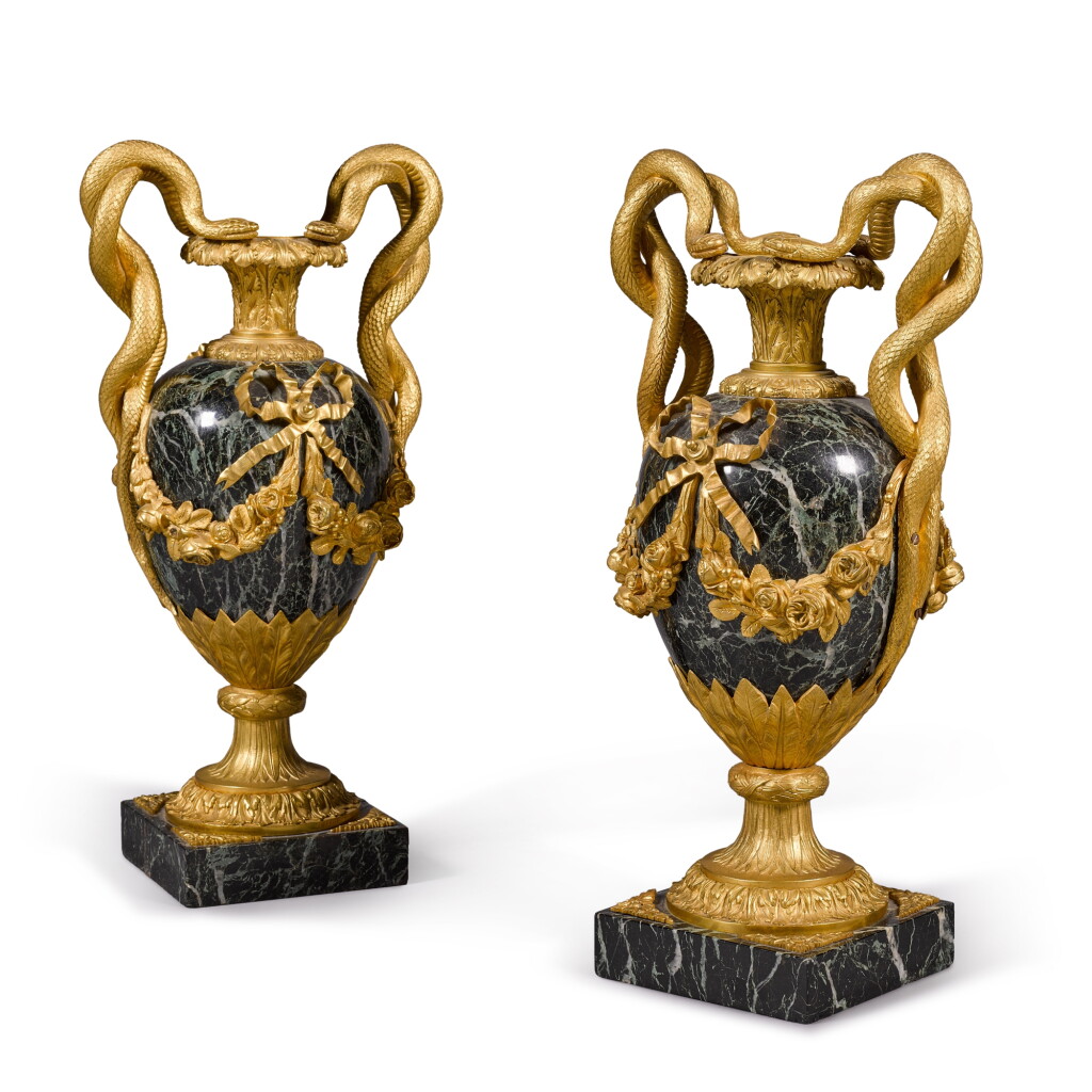 View full screen - View 1 of Lot 53. A pair of Louis XVI style gilt-bronze mounted green marble urns and covers by Beurdeley.
