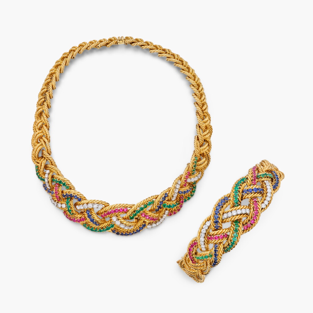 View full screen - View 1 of Lot 1679. Coloured Stone and Diamond Necklace and Bracelet | 寶詩龍 | 寶石 配 鑽石 項鏈 及 手鏈.