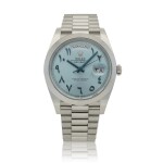 Day-Date, Ref. 228206 Platinum wristwatch with bracelet and eastern-Arabic day, date and indexes Circa 2018 | 勞力士 | 228206型號「Day-Date」鉑金鍊帶腕錶備東阿拉伯語星期、日期顯示及時標,年份約2018