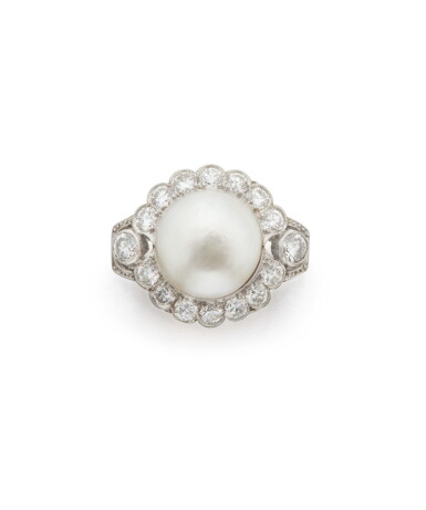 View full screen - View 1 of Lot 50. Natural Pearl and Diamond Ring.