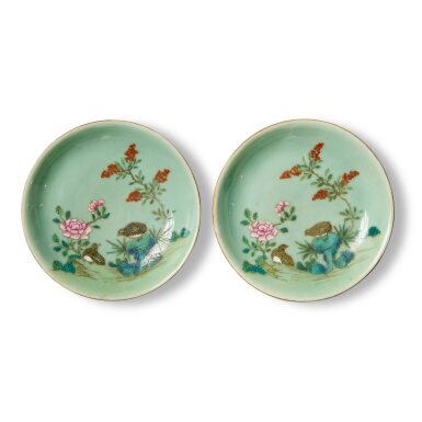View full screen - View 1 of Lot 791. A pair of small celadon-ground famille-rose 'quail and flower' dishes, 19th / 20th century | 十九 / 二十世紀 青地粉彩富貴平安圖小盤一對.