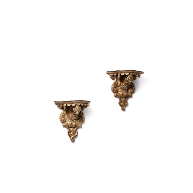 View full screen - View 1 of Lot 51. A pair of Louis XV giltwood wall bracket consoles, circa 1750.