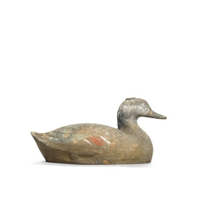 View full screen - View 1 of Lot 113. A painted grey pottery duck, Han Dynasty | 漢 彩繪陶鴨.