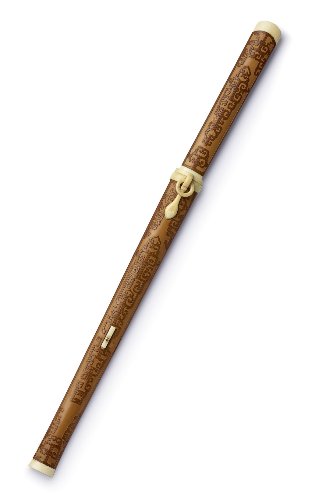 View full screen - View 1 of Lot 3651. A FINE AND RARE IMPERIAL BAMBOO VENEER AND IVORY KNIFE AND SHEATH QING DYNASTY, 18TH CENTURY | 清十八世紀 竹黃雕龍拐子紋象牙刀鞘一套.