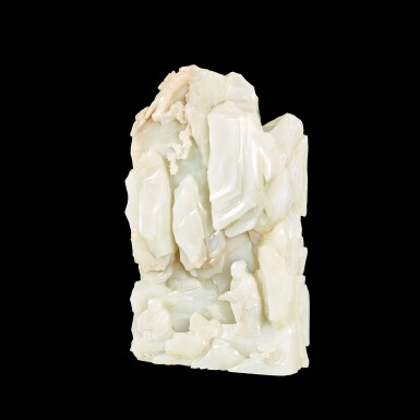 View full screen - View 1 of Lot 3693. A pale green jade 'scholar' mountain Qing dynasty, 18th century | 清十八世紀 青白玉山溪洗硯圖山子.