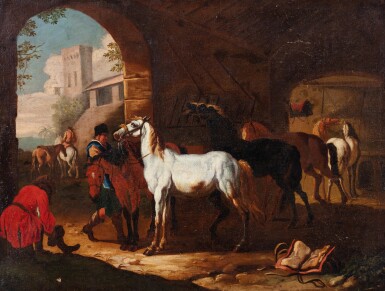 View full screen - View 1 of Lot 80. 18th Century, follower of Pieter Wouwerman, The stables | Ecole du XVIIIe siècle, suiveur de Pieter Wouwerman, Écuries.