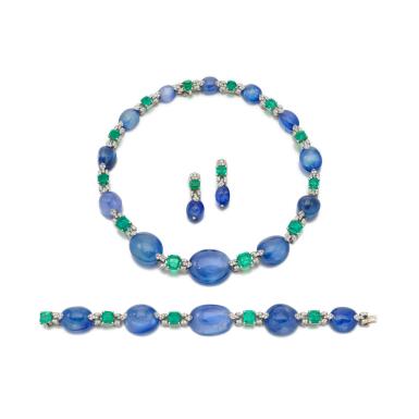 View full screen - View 1 of Lot 622. Fine sapphire, emerald and diamond demi-parure.
