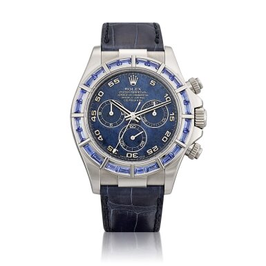 View full screen - View 1 of Lot 2123. Cosmograph Daytona, Reference 116589 | A white gold and sapphire-set chronograph wristwatch with sodalite dial, Circa 2007 | 勞力士 | Cosmograph Daytona 型號116589 | 白金鑲藍寶石計時腕錶,備方鈉石錶盤,約2007年製.