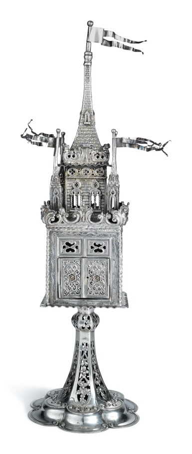 View full screen - View 1 of Lot 124. A LARGE GERMAN SILVER SPICE TOWER, J.D. SCHLIESSNER, HANAU, RETAILED BY LAZARUS POSEN, FRANKFURT, LATE 19TH CENTURY.