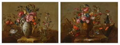 View full screen - View 1 of Lot 24. Still Life of Flowers in a Metal Vase, an Overturned Basket of Cherries and Fruit, and a Glass Bottle with Flowers on a Rocky Ground; Still Life of Flowers in a Blue and White Ceramic Vase, Fruit, and a Stalk of Gladiolas on a Rocky Ground.