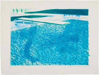 View full screen - View 1 of Lot 5. Lithograph of Water Made of Thick and Thin Lines, a Green Wash, a Light Blue Wash, and a Dark Blue Wash.