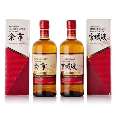 View full screen - View 1 of Lot 501. 宮城峽 Miyagikyo and 余市 Yoichi Apple Brandy Wood Finish 100th Anniversary of Masatak & Rita's Marriage 47.0 abv NV (2 BT70).