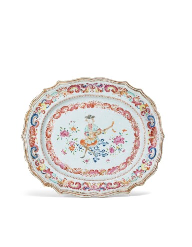 View full screen - View 1 of Lot 57. A large famille-rose dish Qing dynasty, 18th century | 清十八世紀 粉彩西洋人物花卉菱口折沿盤.