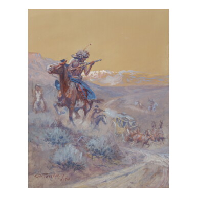 View full screen - View 1 of Lot 49. CHARLES MARION RUSSELL | THE STAGE AHEAD OF US HAD BEEN ATTACKED BY INDIANS AND BURNED (INDIAN ATTACK).
