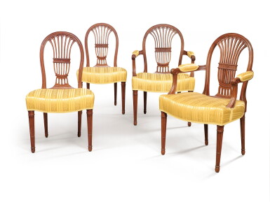 View full screen - View 1 of Lot 42. A SET OF TWO LOUIS XVI STAINED BEECHWOOD ARMCHAIRS AND TWO CHAIRS, BY JEAN-BAPTISTE BOULARD .
