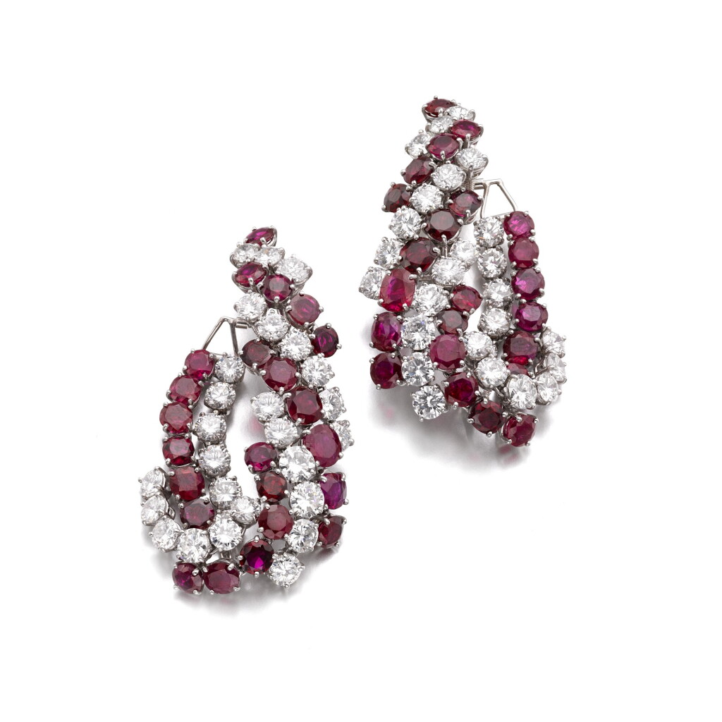 View full screen - View 1 of Lot 216. Pair of ruby and diamond ear clips | 海瑞溫斯頓 | 紅寶石配鑽石耳環.
