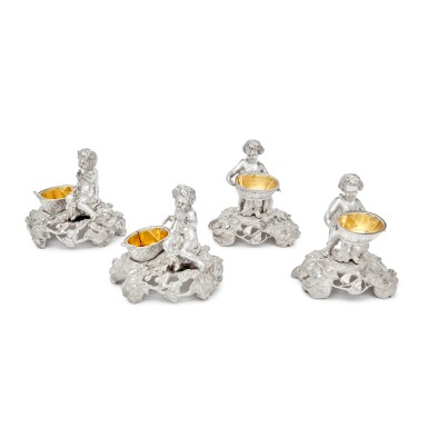 View full screen - View 1 of Lot 398. Two Pairs of French Silver Figural Salts, Odiot and Attributed, Paris, Mid 19th Century.