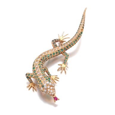 View full screen - View 1 of Lot 829. Emerald and diamond brooch.