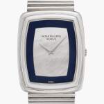 Reference 3732/1 | A white gold rectangular bracelet watch with mother-of-pearl and blue agate dial, Circa 1977