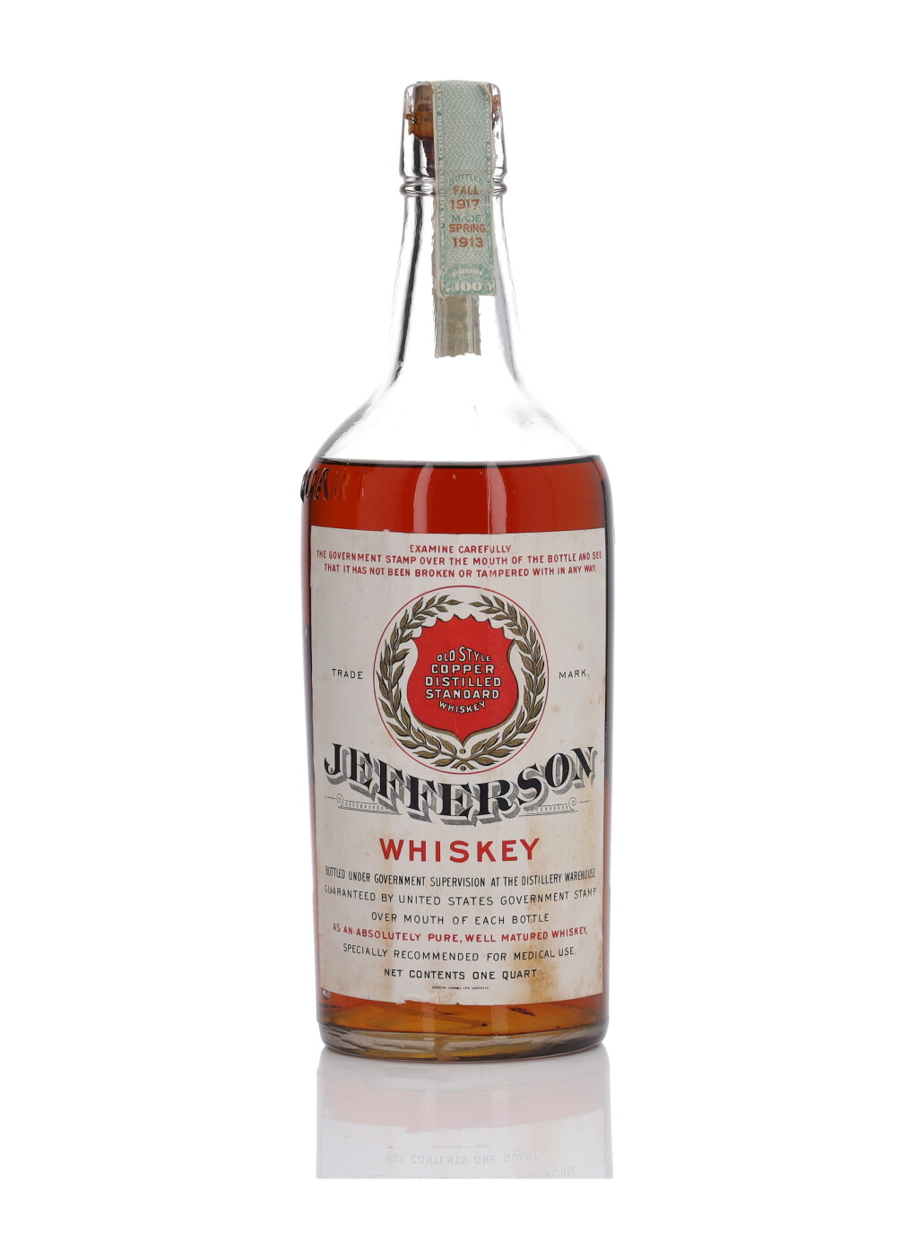 View full screen - View 1 of Lot 1095. Jefferson Whiskey Bottled In Bond 100 Proof 1913 (1 Bottle Quart).
