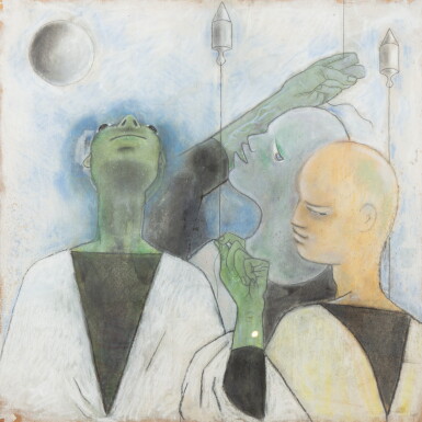 View full screen - View 1 of Lot 36. JEAN COCTEAU. Trois astrologues. 1954. Technique mixte sur isorel.. 102,5 x 102,5 cm..
