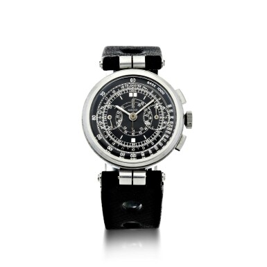 View full screen - View 1 of Lot 241. A RARE STAINLESS STEEL CHRONOGRAPH WRISTWATCH WITH BLACK MULTI-SCALE DIAL, CIRCA 1935.