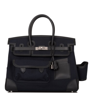 View full screen - View 1 of Lot 113. Black and Blue Marine Swift Leather and Canvas Cargo Birkin 35 Palladium Hardware, 2020 .