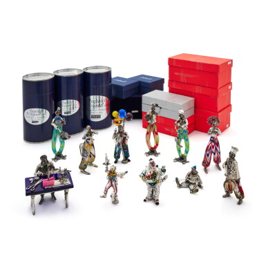 View full screen - View 1 of Lot 41. A Group of Eleven Italian Silver, Enamel, and Murano Glass Clowns, Designed by Vittorio Angini for Sorini, Arezzo, Late 20th Century.