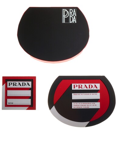 View full screen - View 1 of Lot 1. PRADA | WOMEN FALL WINTER 2020 FASHION SHOW INVITE AND SEAT CARD DESIGNED BY AMO, SOUNDTRACK INSPIRATION VINYL BY FRÉDÉRIC SANCHEZ AND SET OF FITTING PHOTOGRAPHS.