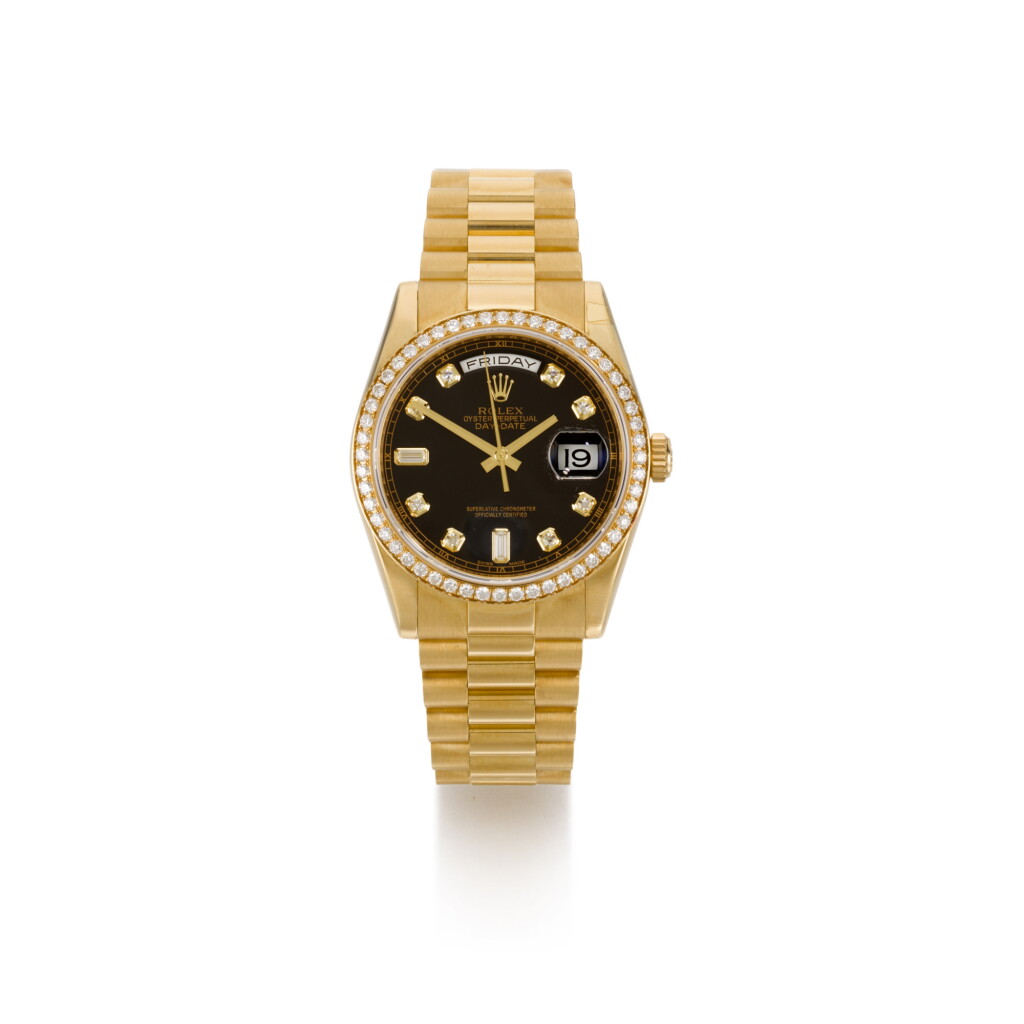 View full screen - View 1 of Lot 1059. ROLEX | REF 118348 DAY-DATE, YELLOW GOLD AND DIAMOND-SET WRISTWATCH WITH DAY DATE AND BRACELET, CIRCA 2015 | 勞力士 |118348型號「DAY-DATE」黃金鑲鑽石鍊帶腕錶備星期及日期顯示,年份約2015.