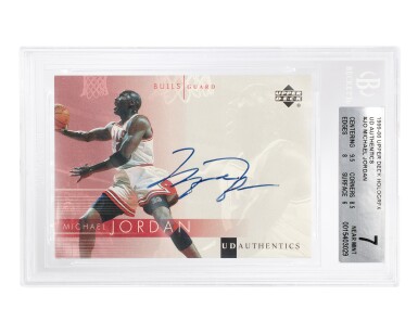 View full screen - View 1 of Lot 25. Michael Jordan Chicago Bulls 1999-00 Upper Deck HoloGrFX UD Authentics Autograph #JO BGS 7/8 Autograph | On-Card Autograph.