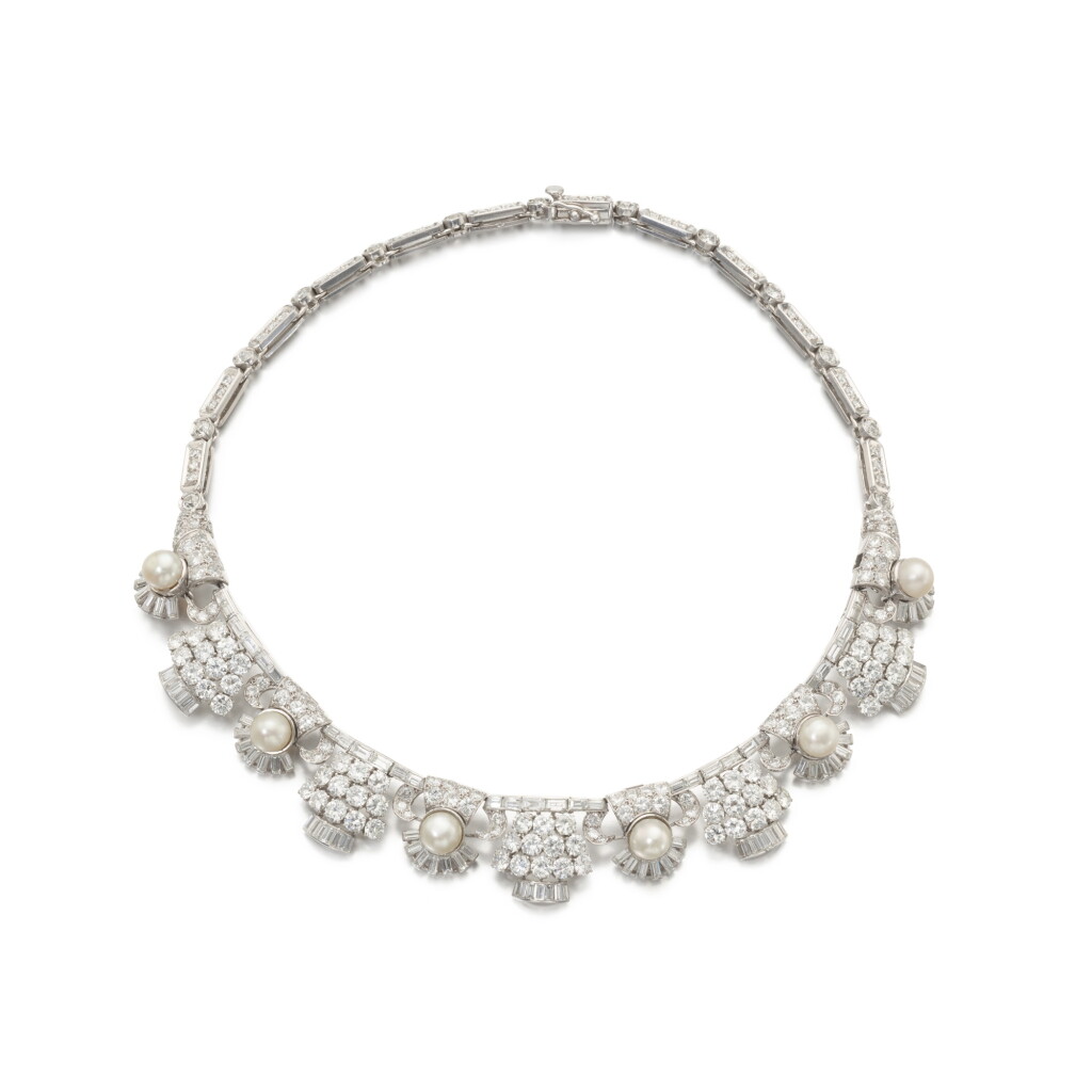 View full screen - View 1 of Lot 878. Natural pearl and diamond necklace, mid-20th century.