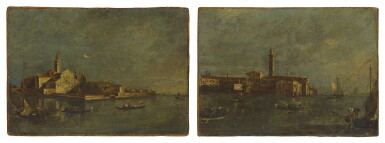 View full screen - View 1 of Lot 628. ATTRIBUTED TO GIACOMO GUARDI | A VIEW OF A LAGOON WITH A WALLED ISLAND AND NUMEROUS GONDOLAS IN THE FOREGROUND, VENICE; A VIEW OF A LAGOON WITH A LINE OF WAREHOUSES, WITH SAILBOATS AT RIGHT, AND GONDOLAS IN THE FOREGROUND, VENICE.