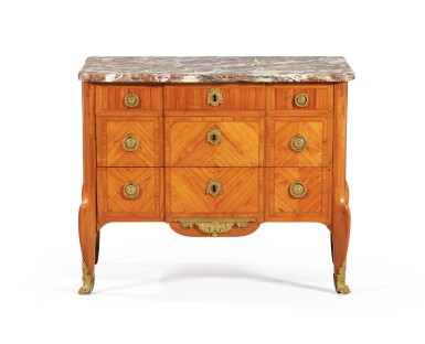 View full screen - View 1 of Lot 116. A gilt-bronze-mounted tulipwood commode, late Louis XV, circa 1770, from the Chanteloup Castle | Commode en placage de bois de rose et bronze doré d'époque Louis XV, provenant du château de Chanteloup, vers 1770.