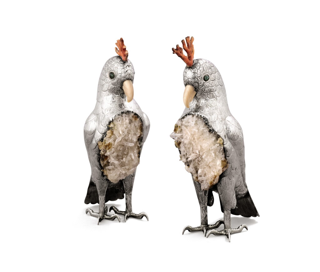 View full screen - View 1 of Lot 330. A pair of Portuguese silver and horn cockatoos with rock crystal, tourmaline and coral, Luiz Ferreira, Porto, modern.