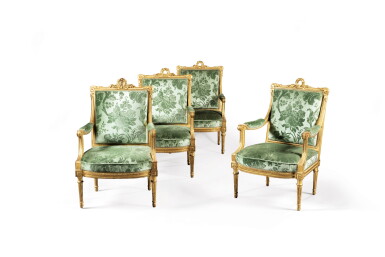 View full screen - View 1 of Lot 247. A set of four Louis XVI style giltwood fauteuils, after a model of Georges Jacob, circa 1880.