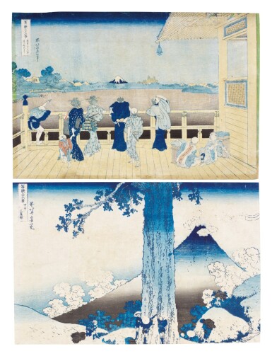 View full screen - View 1 of Lot 34. KATSUSHIKA HOKUSAI (1760–1849), TWO PRINTS: SAZAI HALL AT THE TEMPLE OF THE FIVE HUNDRED ARHATS (GOHYAKU RAKANJI SAZAIDÔ) AND MISHIMA PASS IN KAI PROVINCE (KÔSHÛ MISHIMA-GOE) | EDO PERIOD, 19TH CENTURY.