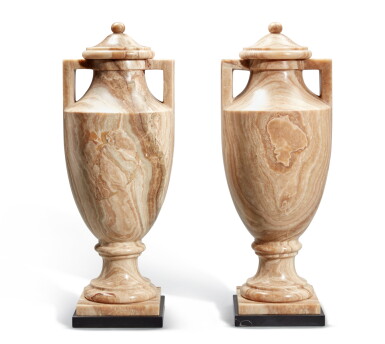 View full screen - View 1 of Lot 9. A Pair of Neoclassical Style Carved Alabaster Lidded Vases, Modern.