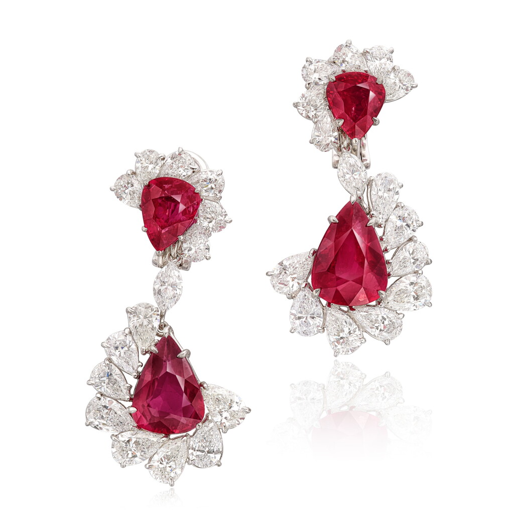 View full screen - View 1 of Lot 1815. Pair of Ruby and Diamond Pendent Earrings | 天然「莫桑比克」未經加熱紅寶石 配 鑽石 耳墜一對 (紅寶石共重約19.73克拉).