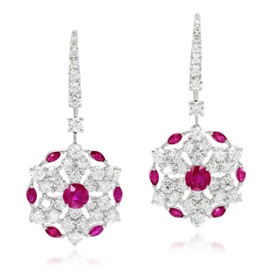View full screen - View 1 of Lot 18. Graff | Pair of ruby and diamond earrings, 'Snowflake'.