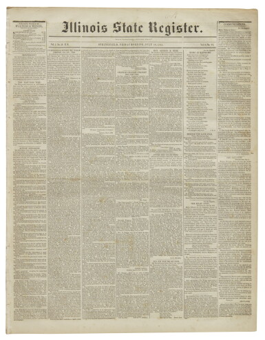 View full screen - View 1 of Lot 72. (MORMONISM) | Correspondence Between the Warsaw Committee and Governor Ford in the Illinois State Register, Vol. V, No. 49. Springfield, Illinois: Walters & Webber, Friday, July 19, 1844.