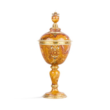 View full screen - View 1 of Lot 165. A Probably French gold-mounted and champlevé enamel agate cup and cover, attributed to workshop of Alfred André (1839–1919), Late 19th century.