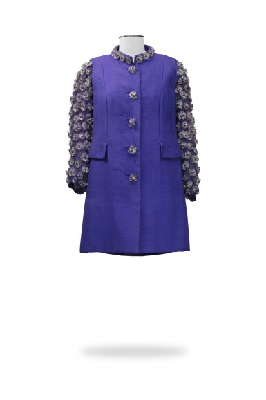 View full screen - View 1 of Lot 21. Barocco, Haute Couture, circa 1967, Gazar dress with sleeves embroidered and matching sleeveless coat | Manteau sans manches et robe courte en gazar.