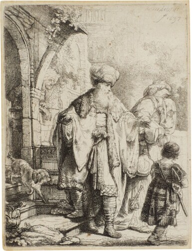 View full screen - View 1 of Lot 89. Abraham casting out Hagar and Ishmael (B., Holl. 30; New Holl. 166; H. 149).